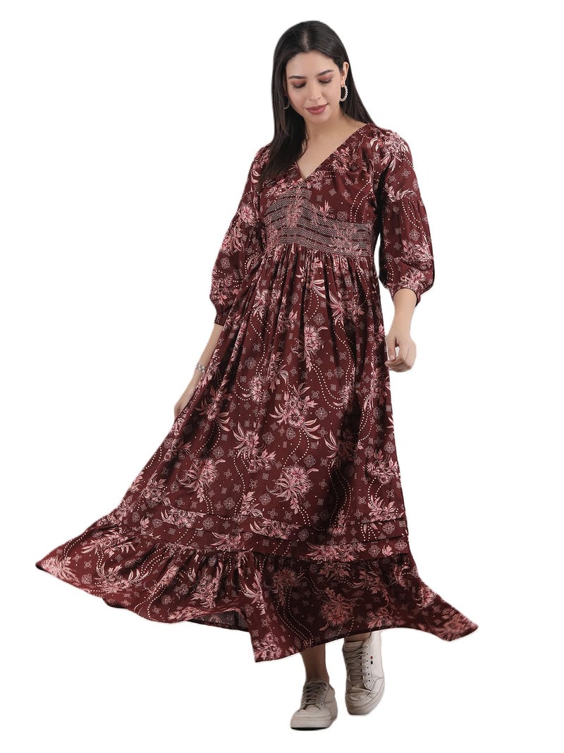 Arayna Women's Casual Long Maxi Dress for Summer Wear, Urban Bohemian Floral Printed V Neck Smocked Outfit - Burgundy Wine, Small - Image 1