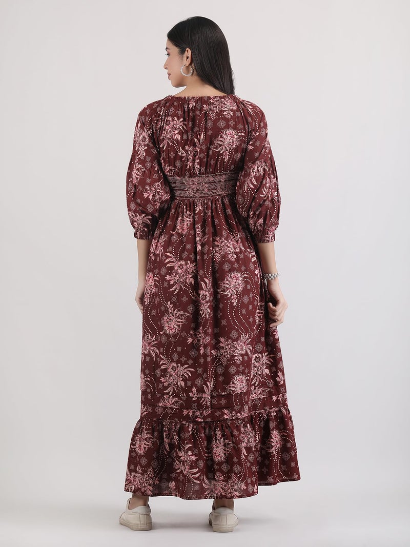 Arayna Women's Casual Long Maxi Dress for Summer Wear, Urban Bohemian Floral Printed V Neck Smocked Outfit - Burgundy Wine, Small - Image 5