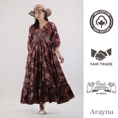 Arayna Women's Casual Long Maxi Dress for Summer Wear, Urban Bohemian Floral Printed V Neck Smocked Outfit - Burgundy Wine, Small - Image 2