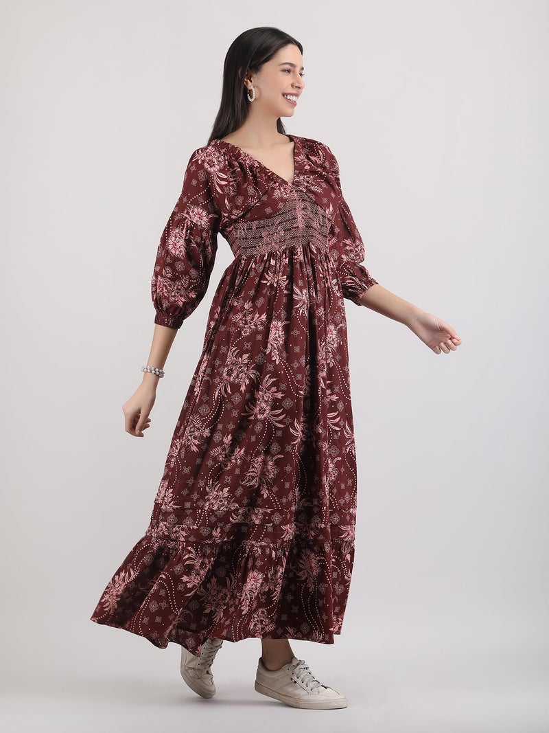 Arayna Women's Casual Long Maxi Dress for Summer Wear, Urban Bohemian Floral Printed V Neck Smocked Outfit - Burgundy Wine, Small - Image 4