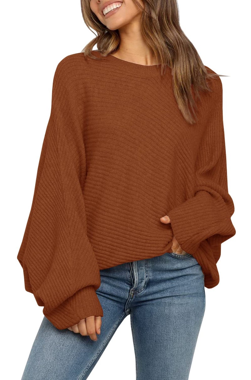 Mafulus Women's Oversized Crewneck Sweater Batwing Puff Long Sleeve Cable Slouchy Pullover Jumper Tops - Image 5