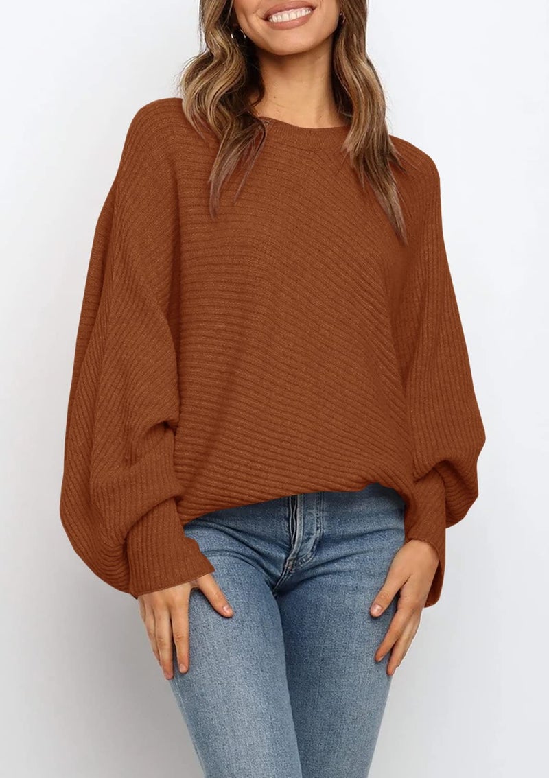 Mafulus Women's Oversized Crewneck Sweater Batwing Puff Long Sleeve Cable Slouchy Pullover Jumper Tops - Image 2