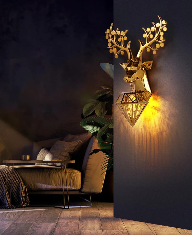 swanart Golden Deer Head Wall Lamp - Modern Luxury Lighting Fixture with Diamond Shade - Elegant Wall Sconce for Living Room, Bedroom, Hallway - Decorative & Stylish - Image 4