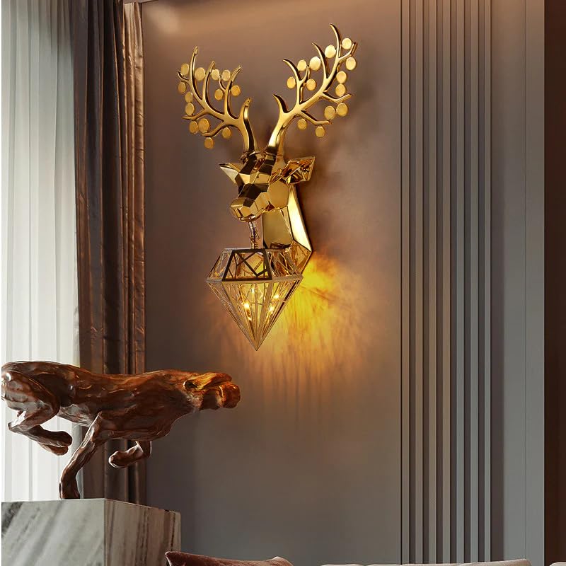 swanart Golden Deer Head Wall Lamp - Modern Luxury Lighting Fixture with Diamond Shade - Elegant Wall Sconce for Living Room, Bedroom, Hallway - Decorative & Stylish - Image 5