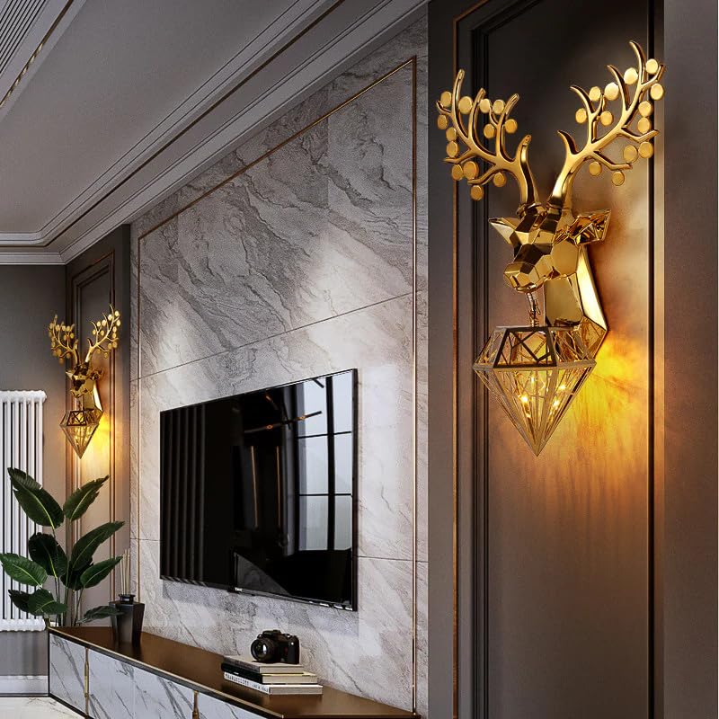 swanart Golden Deer Head Wall Lamp - Modern Luxury Lighting Fixture with Diamond Shade - Elegant Wall Sconce for Living Room, Bedroom, Hallway - Decorative & Stylish - Image 3