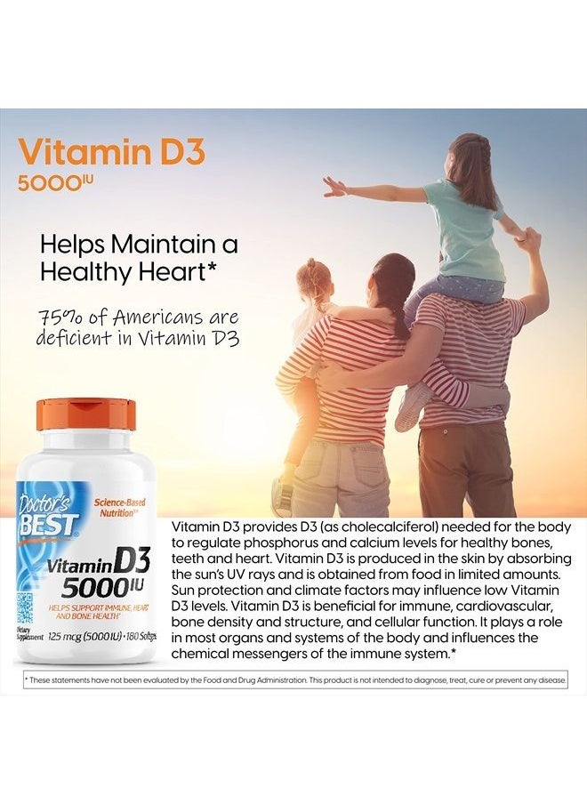 Doctor's BEST - Doctor's Best Vitamin D3 5000IU, Non-GMO, Gluten & Soy Free, Regulates Immune Function, Supports Healthy Bones, White, No Flavour, 180 Count - Image 1