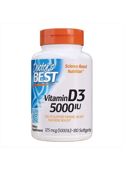 Doctor's Best Vitamin D3 5000IU, Non-GMO, Gluten & Soy Free, Regulates Immune Function, Supports Healthy Bones, White, No Flavour, 180 Count