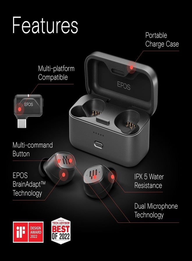 EPOS GTW 270 Hybrid Wireless Gaming Earbuds, Bluetooth & USB-C Dongle, Noise Reducing Closed Design, Dual Mics, Ergonomic Fit, IPX 5 Water Resistant, Portable Charging Case, 20 Hours of Playtime - Image 3