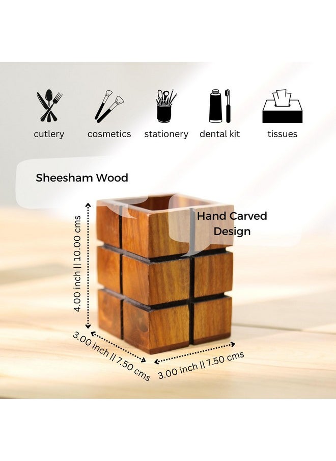 Hashcart Pencil Holder For Office Desk - Decorative Pen Organizer (3X3 Inch), Wood  - Image 3
