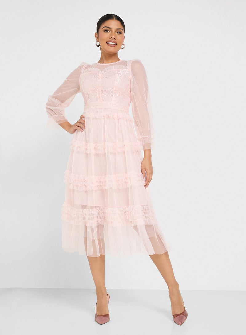 ايلا فستان ميدي تول مكشكش - Image 4