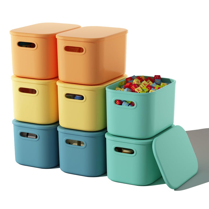 ORGIDOL 8 Pack Colorful Storage Bins with Lids Stackable Storage Container for Organizing, Storage Boxes with Handle for Shelves, Cute Storage Bin for Craft, Snacks, 9.85x6.9x5.7 inch - Image 1
