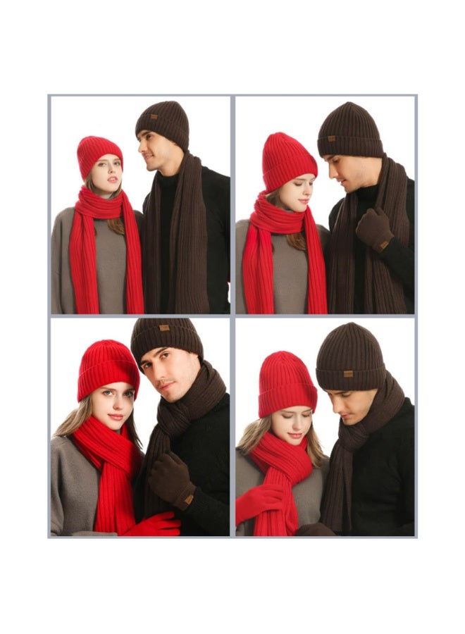 بمعنى سحر بمعنى حديقة مجموعة من 3 قطع من قبعات بيني الشتوية ووشاح وقفازات وقبعات تزلج وقفازات تعمل باللمس تناسب النساء والرجال قبعات متطابقة للشتاء الدافئة مبطنة بالصوف ووشاح وقفازات مجموعة للرياضة والسفر في الهواء الطلق، لون أحمر - Image 3