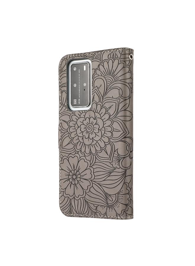 زبون جراب لهاتف Huawei P40 Pro، جراب جلدي قلاب أفقي منقوش عليه نقشة عباد الشمس، مزود بحامل وفتحات للبطاقات ومحفظة وحبل تثبيت - Image 3