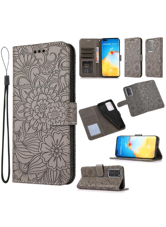 زبون جراب لهاتف Huawei P40 Pro، جراب جلدي قلاب أفقي منقوش عليه نقشة عباد الشمس، مزود بحامل وفتحات للبطاقات ومحفظة وحبل تثبيت - Image 1
