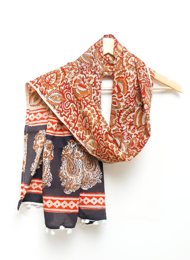 OJARIYA Queen Paisley Beige Hand Block Printed 100 Percent Breathable Soft Organic Muslin Cotton Scarf Hijab - Image 1