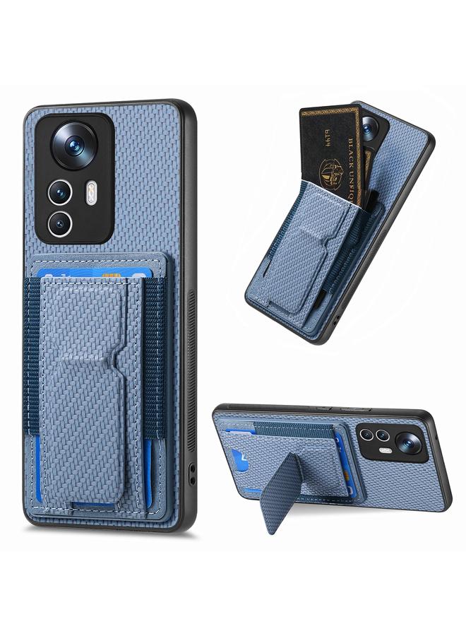 Green Tiger For Xiaomi 12T Carbon Fiber Fold Stand Elastic Card Bag Phone Case(Blue)