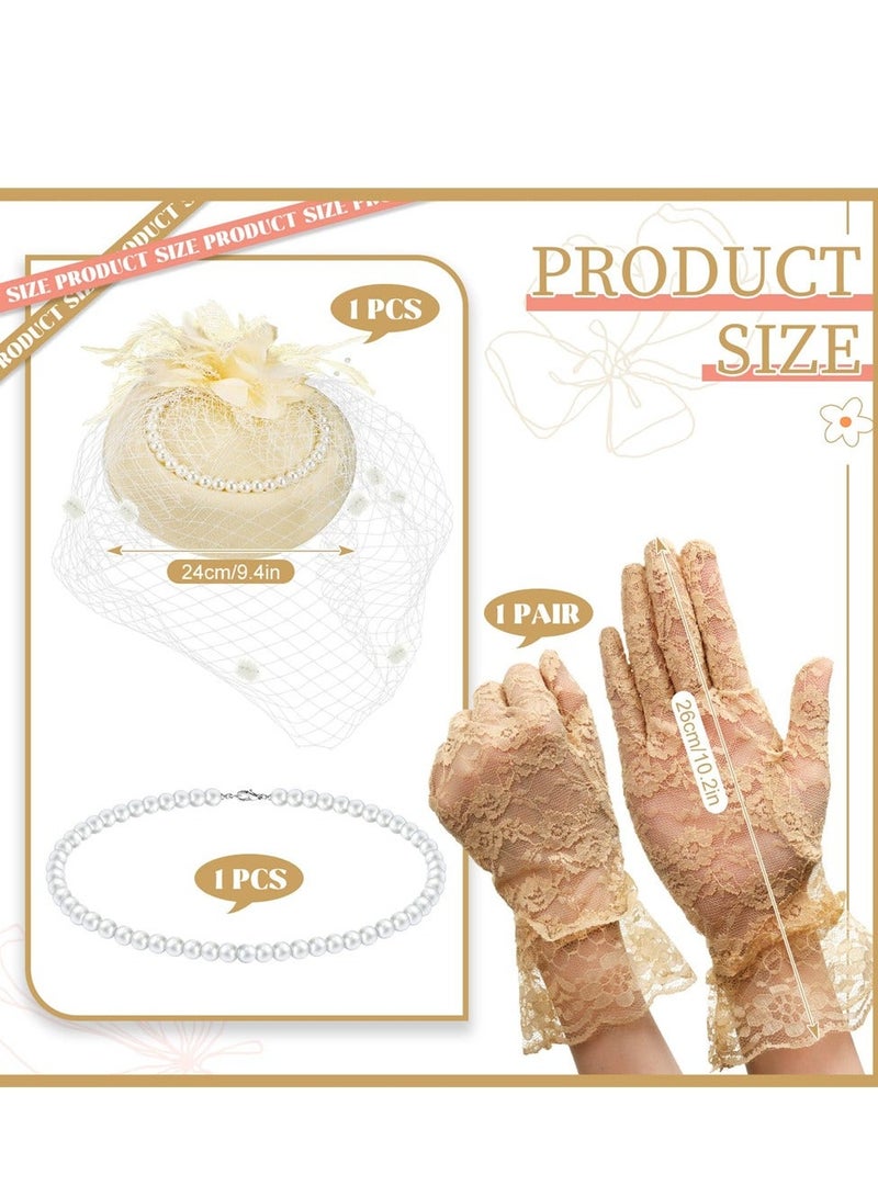 1950s Vintage Fascinator Hat, Faux Feather Mesh Net Hat Tea Party Headwear with Veil and Women Short Lace Gloves Imitation Pearl Necklace, Costume Accessories for Girls and Women Wedding (Apricot)  - Image 3