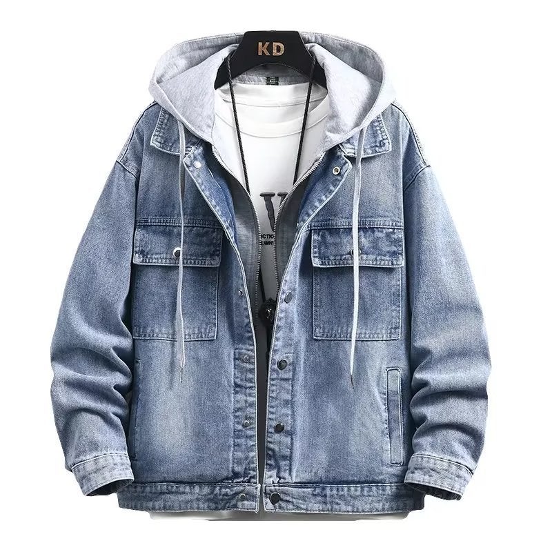 Denim coat mens spring and autumn Korean style trendy loose casual workwear jacket mens fake two-piece top trendy brand coat B58 Blue