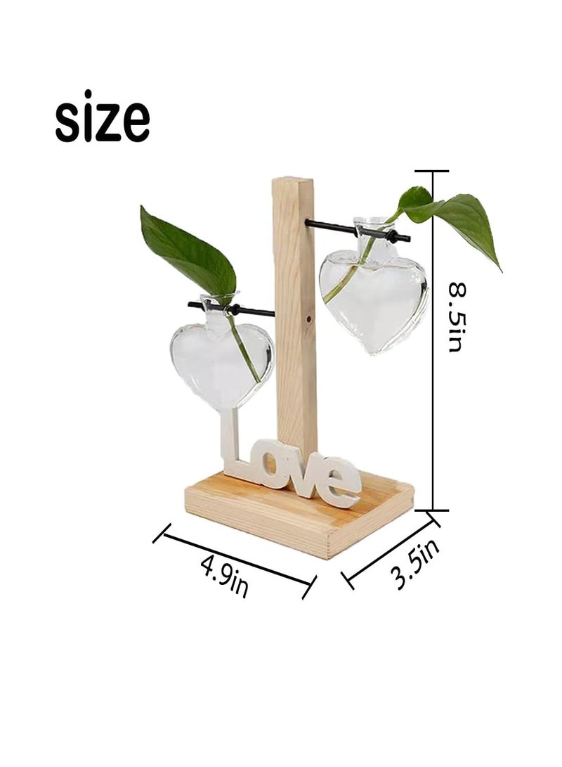 KASTWAVE Desktop Plant Propagation Station, Glass Planter Terrarium with Wooden Tray, Two High-low bottle love-shaped glass hydroponic vases, Love Vase Plant Propagation Station for Home Office Decor - Image 2