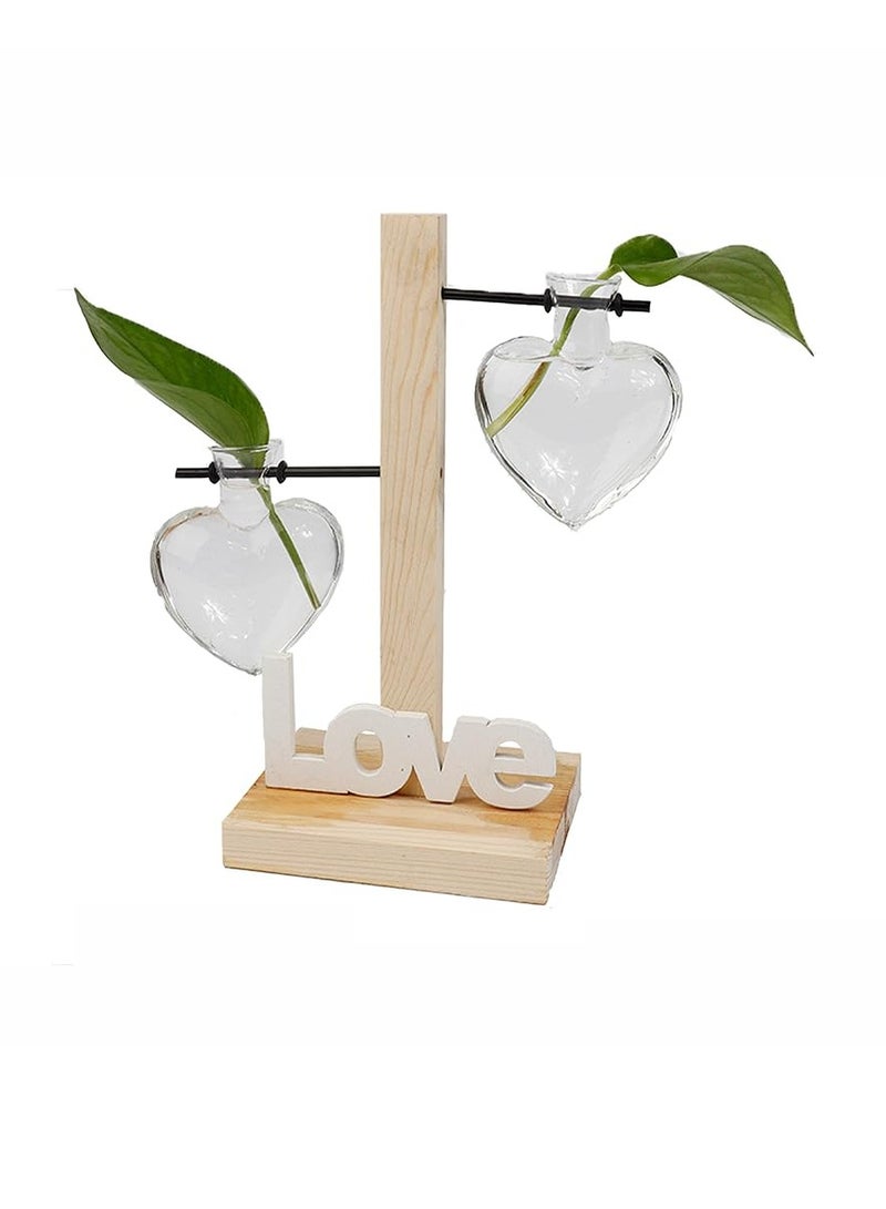 KASTWAVE Desktop Plant Propagation Station, Glass Planter Terrarium with Wooden Tray, Two High-low bottle love-shaped glass hydroponic vases, Love Vase Plant Propagation Station for Home Office Decor - Image 1