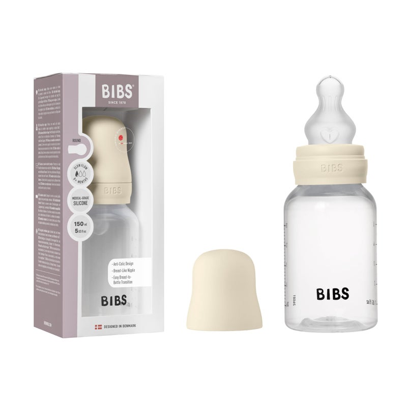 BIBS Baby Bottle 5 oz / 150 ml Silicone Nipple - Anti-Colic, BPA-Free, Round Nipple, Slow Flow, Lightweight & Easy to Clean, Suitable for Newborns 0+ Years - Ivory - Image 1