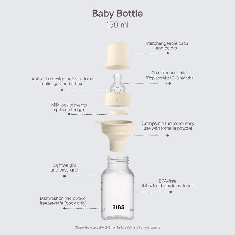 BIBS Baby Bottle 5 oz / 150 ml Silicone Nipple - Anti-Colic, BPA-Free, Round Nipple, Slow Flow, Lightweight & Easy to Clean, Suitable for Newborns 0+ Years - Ivory - Image 2