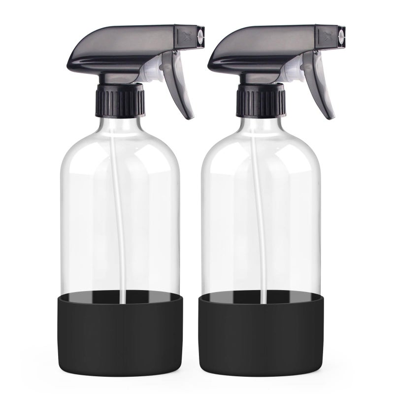 Worldgsb 2 Pack Glass Spray Bottles with Silicone Sleeve, 16 oz Empty Refillable Containers with Adjustable Spray Nozzles, Spray Bottles for Hair, Cleaning Solutions and Plants Black - Image 1