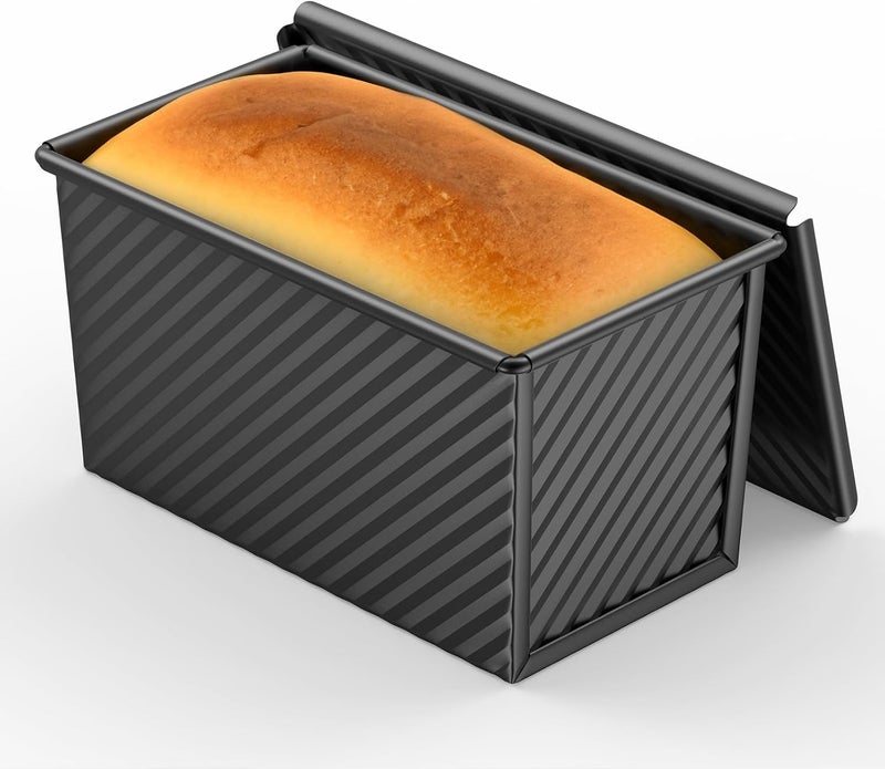 Winproper 8*4 Inch Pullman Loaf Pan with Lid, 1Lb Dough Capacity Bread Loaf Pans, Non-stick Coating, Carbon Steel Bread Mold, Bread Container, Toast Mold for Home Bakeware, Sandwich & Toast Oven Baking, Black - Image 1
