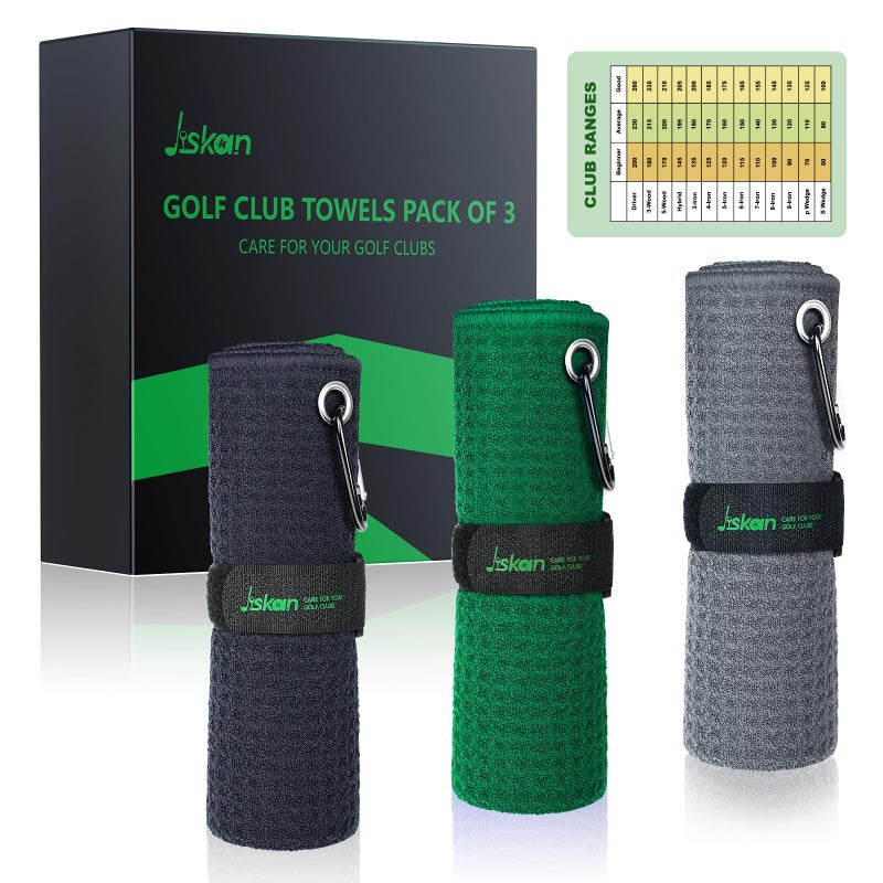 Jiskan Golf Towel Pack of 3 (16" X 16") Waffle Pattern Golf Towels for Golf Bags with Club Range Card, Hook Clip and Gift Box, Essentials Golf Accessories for Men and Women - Image 2