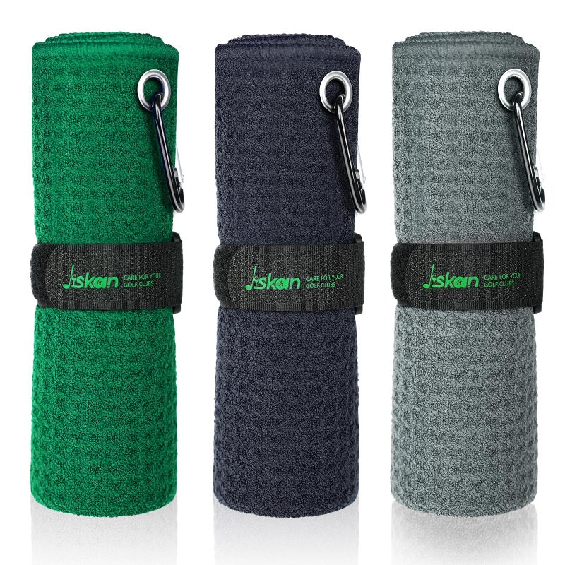 Jiskan Golf Towel Pack of 3 (16" X 16") Waffle Pattern Golf Towels for Golf Bags with Club Range Card, Hook Clip and Gift Box, Essentials Golf Accessories for Men and Women - Image 1