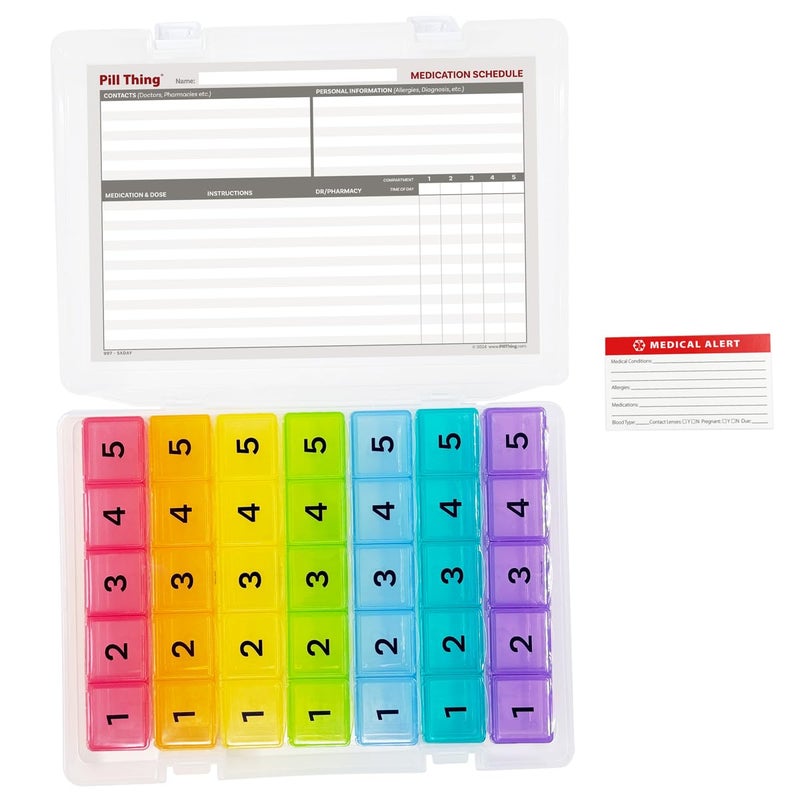 pill thing 5 Times a Day Weekly Pill Box Organizer Case, Secure 7 Day Pillbox with Medication Schedule (5 Time-a-Day) - Image 1