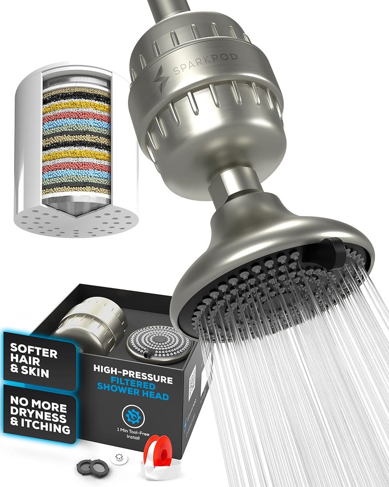 SparkPod 23-Stage Filtered Shower Head with 3 Spray Settings - High Pressure Shower Head with Filters for Dry Hair and Skin - Showerhead with Filter Reduces Chlorine & Heavy Metals (Brushed Nickel) - Image 1