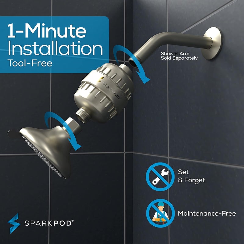 SparkPod 23-Stage Filtered Shower Head with 3 Spray Settings - High Pressure Shower Head with Filters for Dry Hair and Skin - Showerhead with Filter Reduces Chlorine & Heavy Metals (Brushed Nickel) - Image 5