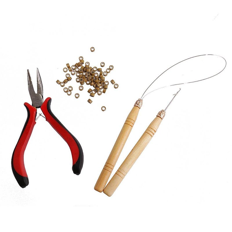 LR DECOR BAZAAR Micro Hair Extension Rings Beads Metal Pliers Wood Hook Loop Needle Tool Kit  - Image 1