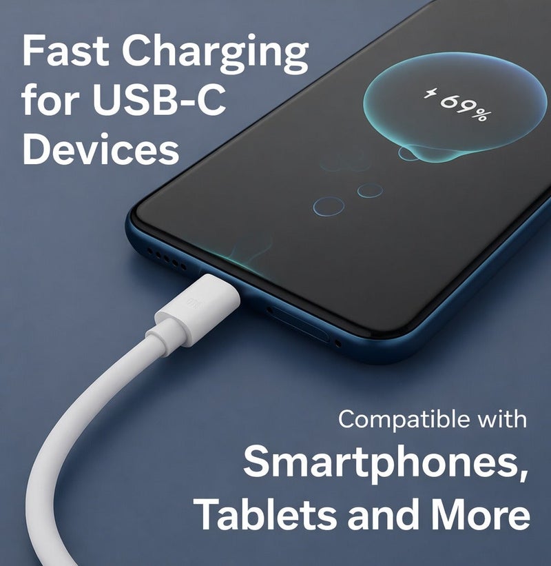 USB-C Fast Charging Cable for Smartphones, Tablets and USB-C Devices – White - Image 2