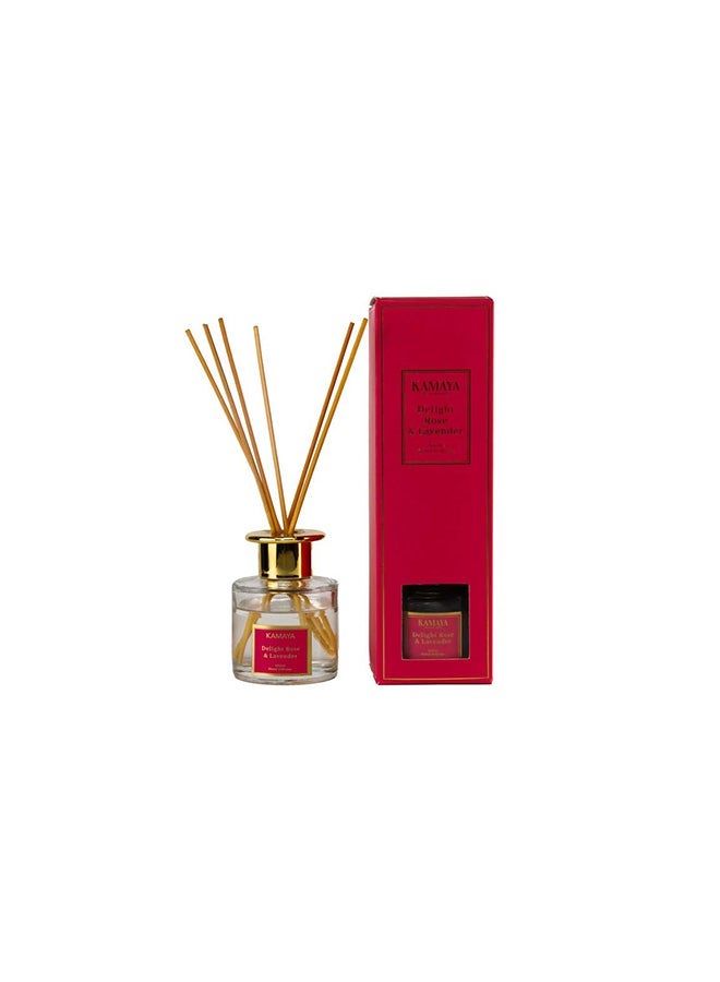 KAMAYA IRIS Collection Delight Rose & Lavender Reed Diffuser, 100ml | Clear Glass Bottle, Gold Lid, Gift Box - Image 2