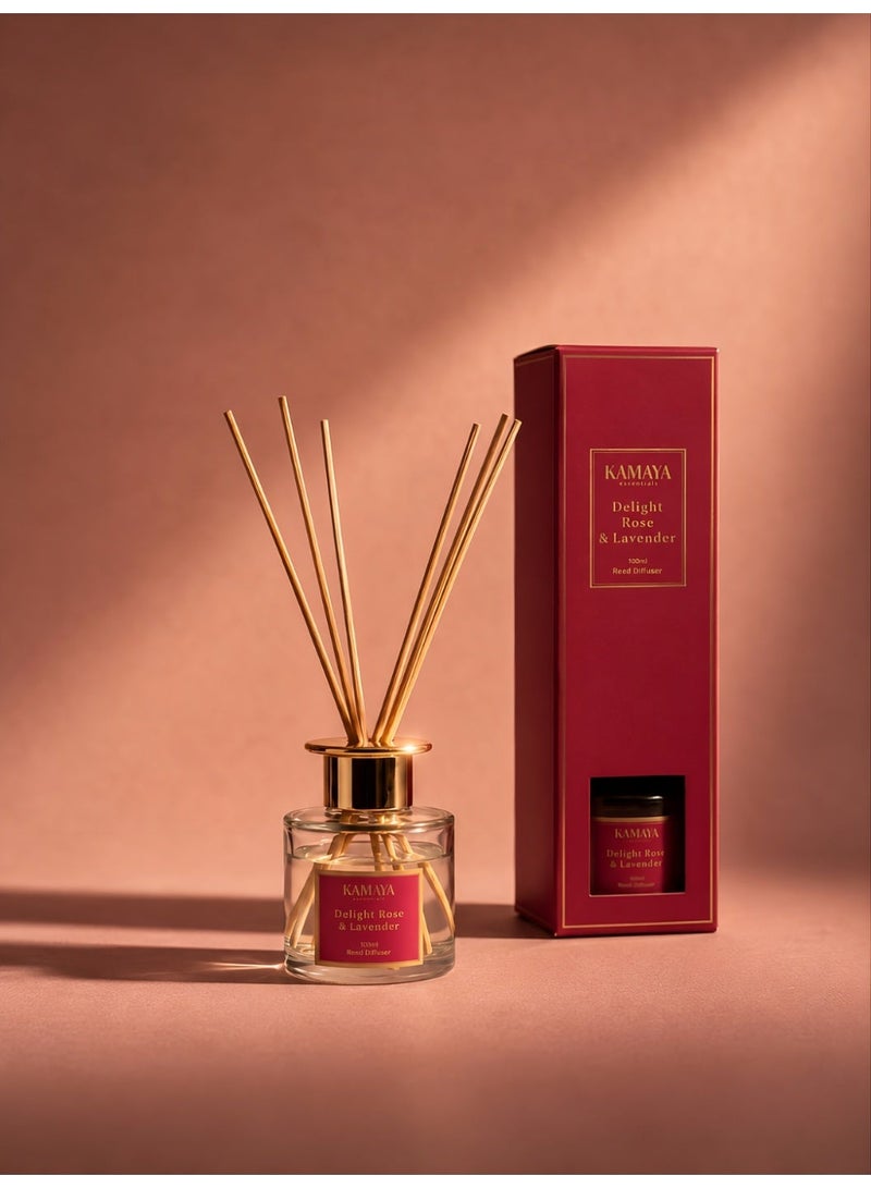 KAMAYA IRIS Collection Delight Rose & Lavender Reed Diffuser, 100ml | Clear Glass Bottle, Gold Lid, Gift Box - Image 1