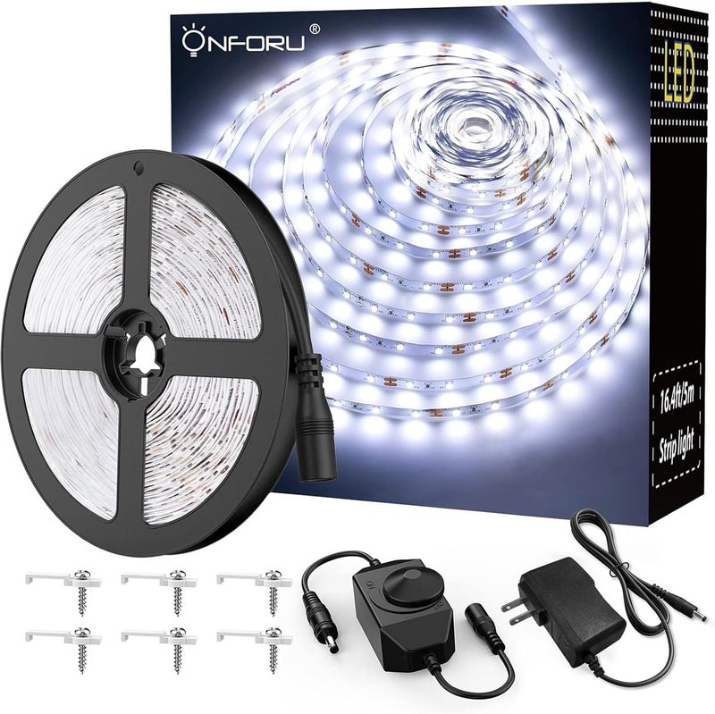 Onforu شريط إضاءة LED، 16.4 قدم إضاءة شريط LED قابلة للتعتيم، إضاءة بيضاء نهارية 6000K، 300 مصباح LED مرن لإضاءة مرآة الزينة، 5م 12V شريط ضوء للغرفة، تحت الخزائن، المطبخ، عيد الميلاد - Image 1