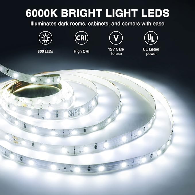 Onforu شريط إضاءة LED، 16.4 قدم إضاءة شريط LED قابلة للتعتيم، إضاءة بيضاء نهارية 6000K، 300 مصباح LED مرن لإضاءة مرآة الزينة، 5م 12V شريط ضوء للغرفة، تحت الخزائن، المطبخ، عيد الميلاد - Image 2
