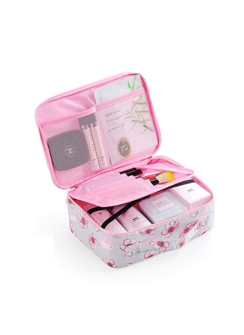 MOSSTYUS - Makeup Cosmetic Bag Travel Makeup Cosmetic Case Portable Waterproof Toiletry Bag for Women Girls, Grey Pink Flowers - Image 1