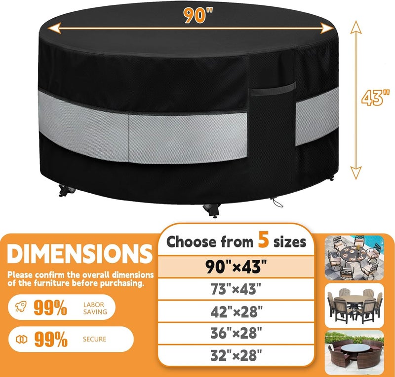 Wnanan Round Patio Bar Height Table and Chair Cover Black Grey Waterproof Up to 10000pa for 90 x 43 Inch Outdoor Round Furniture Set Covers Patio Set Covers - Image 2