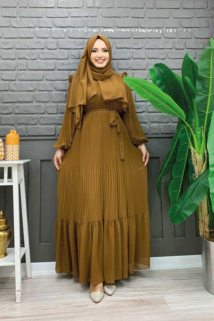 Bym Fashion Pleated Ruffle Look Waist Belted Chiffon Dress 3628 Tan - Image 1