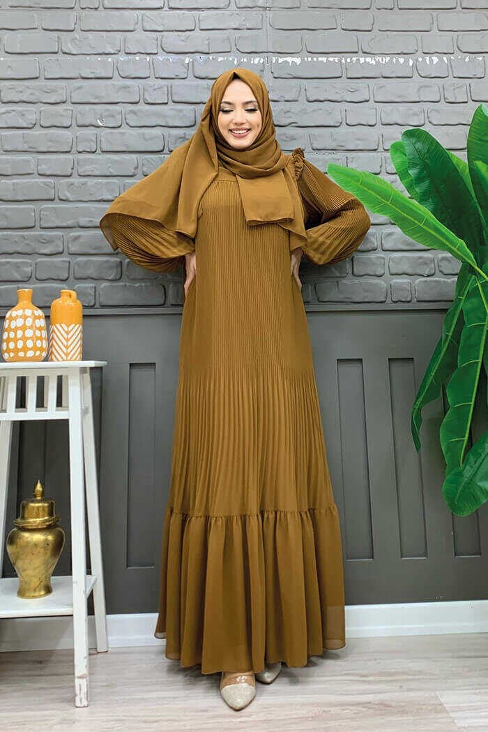 Bym Fashion Pleated Ruffle Look Waist Belted Chiffon Dress 3628 Tan - Image 2