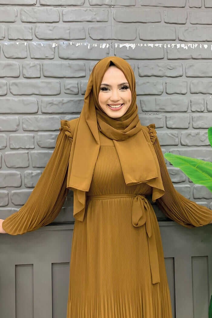 Bym Fashion Pleated Ruffle Look Waist Belted Chiffon Dress 3628 Tan - Image 4