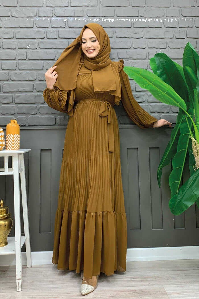 Bym Fashion Pleated Ruffle Look Waist Belted Chiffon Dress 3628 Tan - Image 3
