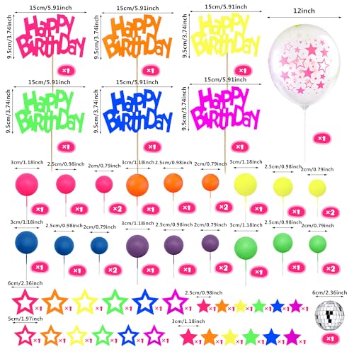 SPFYunion 56 PCS Glow Cake Topper Set with Ball Star and Happy Birthday Toppers UV Reactive Party Decorations for Neon Cakes Black Light Party Supplies in 6 Colors - Image 2