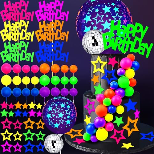SPFYunion 56 PCS Glow Cake Topper Set with Ball Star and Happy Birthday Toppers UV Reactive Party Decorations for Neon Cakes Black Light Party Supplies in 6 Colors - Image 1