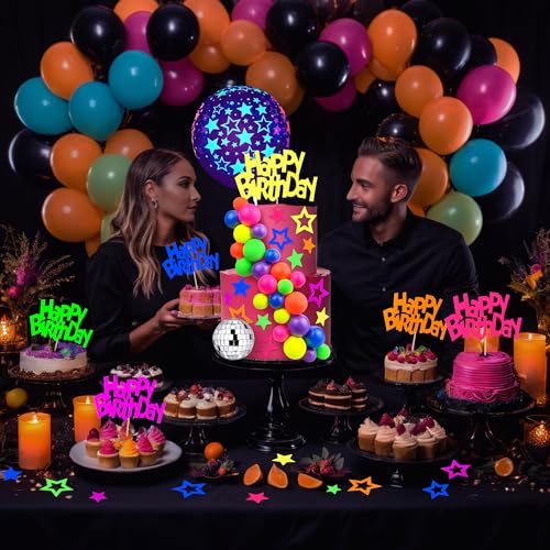 SPFYunion 56 PCS Glow Cake Topper Set with Ball Star and Happy Birthday Toppers UV Reactive Party Decorations for Neon Cakes Black Light Party Supplies in 6 Colors - Image 5
