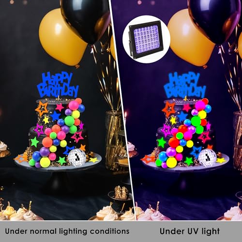 SPFYunion 56 PCS Glow Cake Topper Set with Ball Star and Happy Birthday Toppers UV Reactive Party Decorations for Neon Cakes Black Light Party Supplies in 6 Colors - Image 3