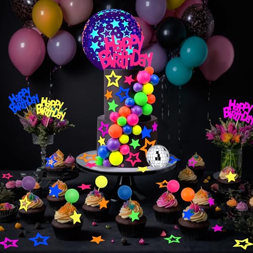 SPFYunion 56 PCS Glow Cake Topper Set with Ball Star and Happy Birthday Toppers UV Reactive Party Decorations for Neon Cakes Black Light Party Supplies in 6 Colors - Image 4